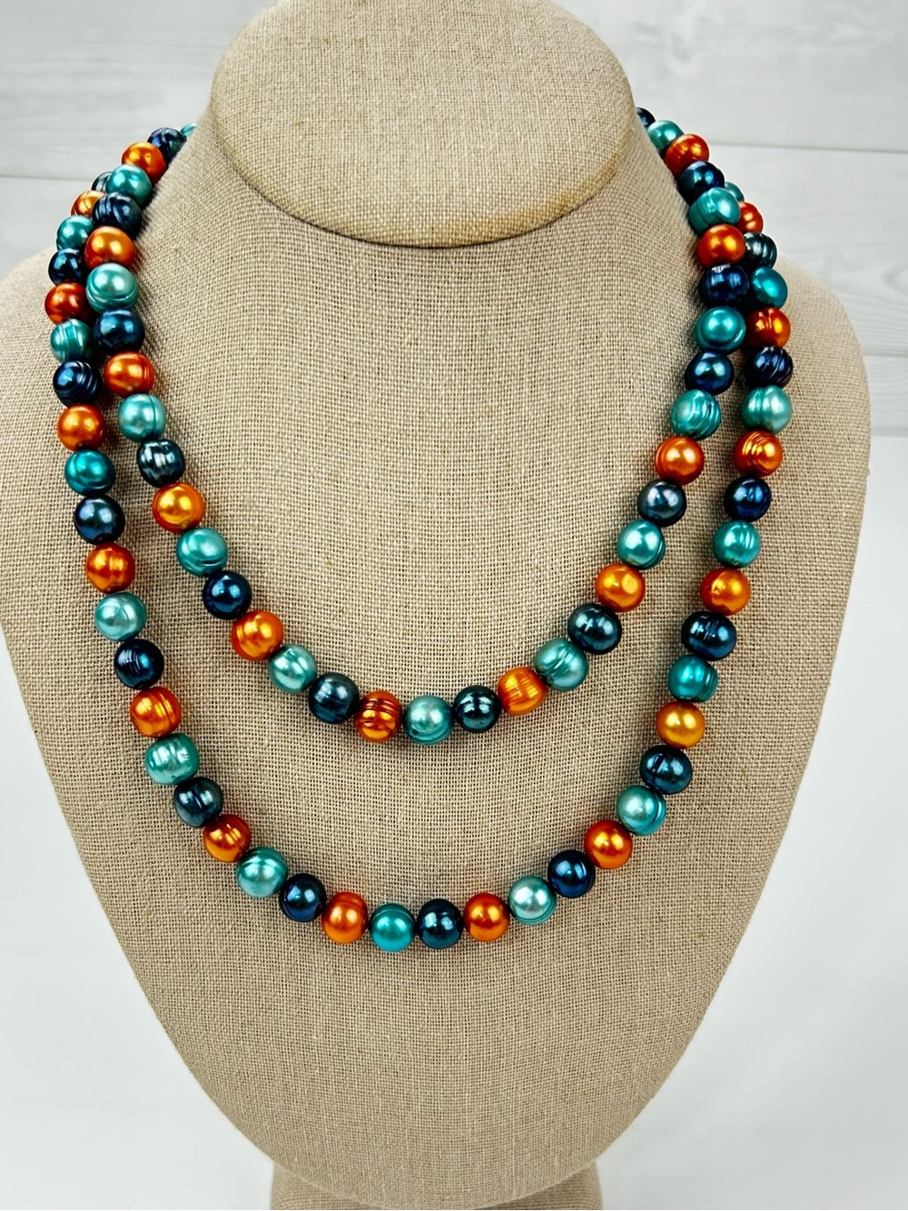 Multi-Color Pearl Beaded Necklace - Teal & Orange